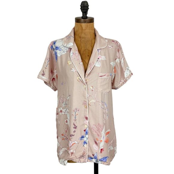 PLUM PRETTY SUGAR Floral Pajama Button Up Shirt Top M Soft Rayon Pink EUC B50 - Picture 1 of 5